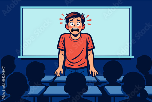 Student experiencing stage fright during a public speaking presentation in a classroom, feeling anxiety and fear