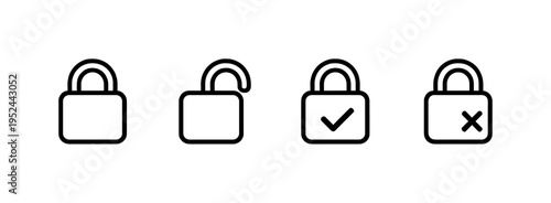 Minimal black line icons showing security padlock states on gray background, including locked, unlocked, verified access, and denied restriction symbols