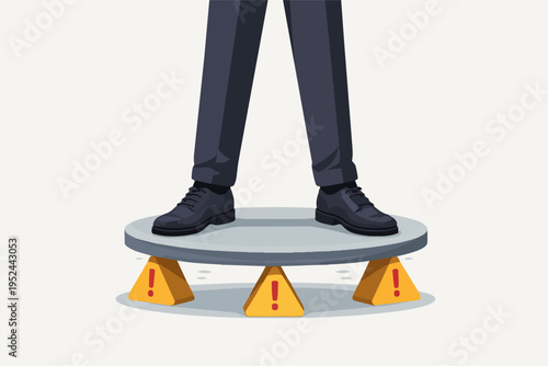 Businessman standing on unstable foundation with warning signs, representing business risk, problem, and precarious financial situation