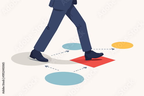 Businessman stepping forward, choosing decision path, navigating strategy steps towards success and business growth