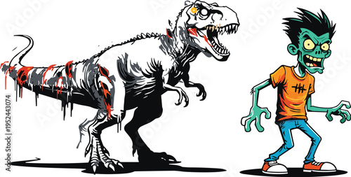 Vector illustration of a cartoon zombie boy and a fierce tyrannosaurus rex dinosaur, perfect for Halloween, t-shirt designs, and stickers,