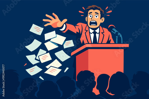 Public speaker feeling panic and extreme stage fright in front of an audience, suffering from speaking anxiety