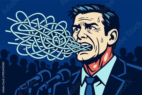 Man struggling with stressful public speaking, tangled words flowing from mouth, representing confusion and miscommunication