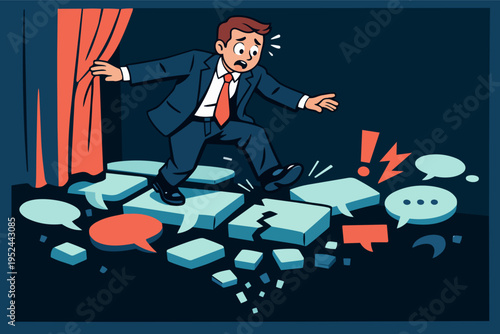 Stressed businessman experiencing stage fright, stepping on crumbling speech bubbles, facing public speaking anxiety