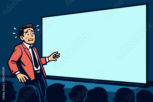 Speaker experiencing stage fright during public speaking, presenting a blank screen to an audience in an auditorium