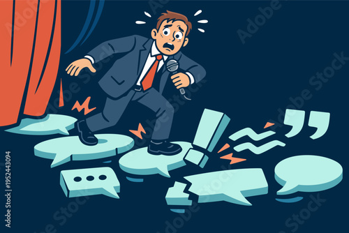 Man in a suit holding a microphone, struggling with public speaking anxiety, platforms collapsing under his feet