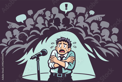 Public speaker experiencing stage fright, presenting speech with anxious, stressed expression under spotlight