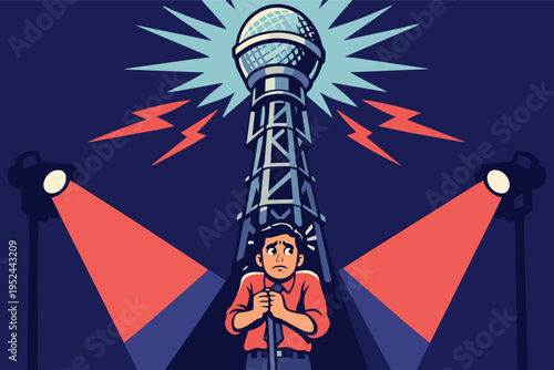 Man fearing public speaking, standing in spotlight on stage with giant microphone, experiencing performance anxiety