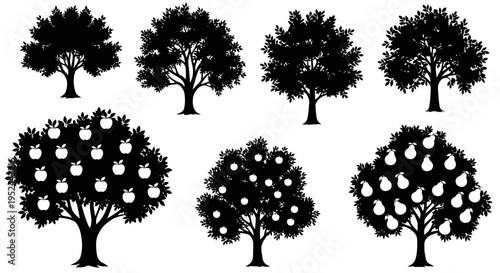 Collection of diverse tree silhouettes: fruit-bearing and leafy, isolated on white
