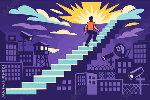 Person climbing stairs to freedom and hope, escaping surveillance cameras and oppressive city control