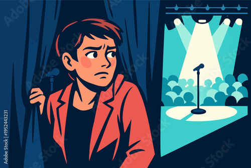 Person experiencing stage fright, looking nervously at microphone and audience before a live performance