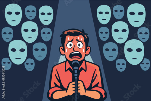 Man experiencing stage fright and performance anxiety while public speaking to an audience of judging masks