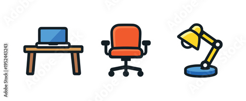 Minimal vector icons of a home office setup featuring a desk with laptop, an ergonomic rolling chair, and an adjustable desk lamp on white background