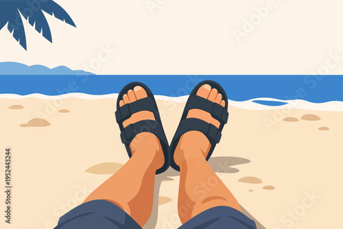 Person relaxing on sandy beach wearing sandals, enjoying tropical vacation and summer holidays