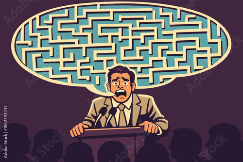 Public speaker feeling confused and anxious, having trouble articulating thoughts in a speech to an audience