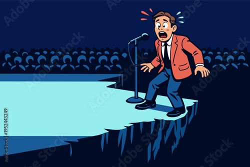 Speaker experiencing severe stage fright and public speaking anxiety, standing on a stage edge looking like a cliff