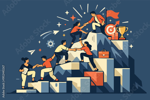 Diverse business team collaborating, helping each other reach the summit with a flag, target, and trophy