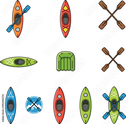 Vector illustration of colorful kayaks, paddles, and inflatable raft icons for outdoor adventure, water sports, and recreation design