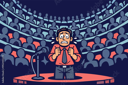 Man feeling nervous and anxious on stage attempting to speak into a microphone before an audience, showing glossophobia