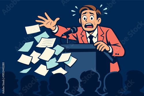 Speaker experiencing stage fright, notes flying everywhere during a public speaking accident