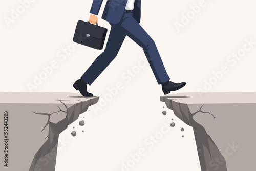 Businessman stepping over a gap, overcoming challenge, showing progress, taking a risk, and moving forward