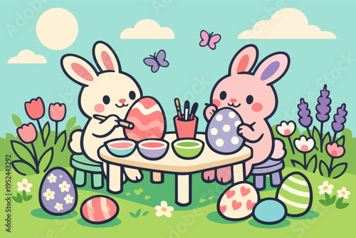 Cute easter bunnies painting colorful eggs in a spring garden, celebrating the holiday with creativity and joy