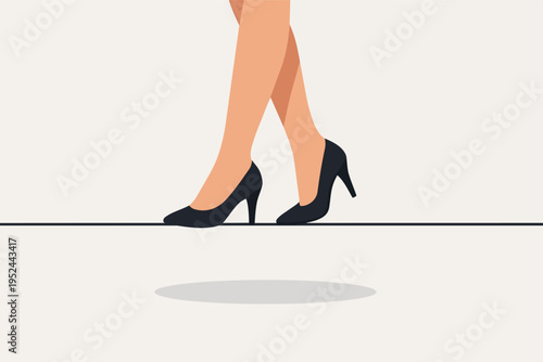 Woman in high heels walking on a tightrope, balancing risk and career challenges in business world