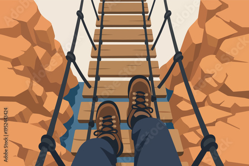 Person's feet wearing hiking boots crossing a rope bridge over a canyon, representing adventure and challenging journeys