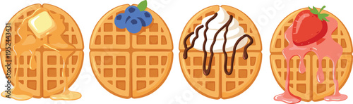 Vector illustration of round waffles topped with butter, syrup, blueberries, whipped cream, chocolate, and strawberries