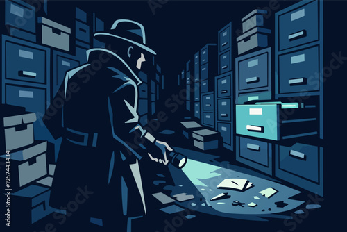 Detective investigating secret archives, searching files in a dark room, illustrating mystery and information security