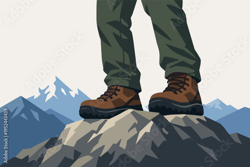 Hiker's feet standing on mountain peak achieving accomplishment and reaching success goal in boots