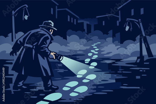 Detective in trench coat and fedora investigating a crime, following illuminated footprints down a dark alley