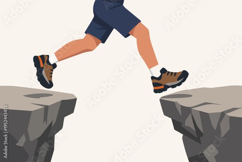 Person jumping over a cliff gap, facing a challenge and taking a leap of faith for success