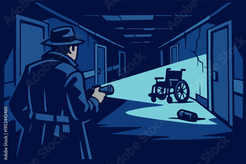 Detective investigating abandoned hospital corridor, finding empty wheelchair and capsule in dark, mysterious scene