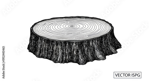 Hand-drawn tree stump with rings, isolated on white background, vector illustration
