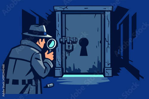 Detective character holding magnifying glass, examining a locked door with a padlock and keyhole, searching for a clue