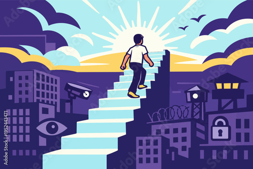 Person climbing stairs to freedom, leaving surveillance and oppression behind, seeking new opportunities
