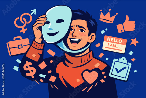 Man revealing true self, pulling off a smiling mask, reflecting impostor syndrome, identity and mental health concepts