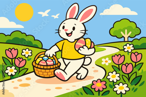 Easter bunny carrying basket with decorated eggs walking on a winding path surrounded by spring flowers in a sunny landscape