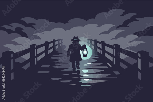 Detective silhouette crossing foggy bridge with lantern at night, investigating mystery or searching for answers