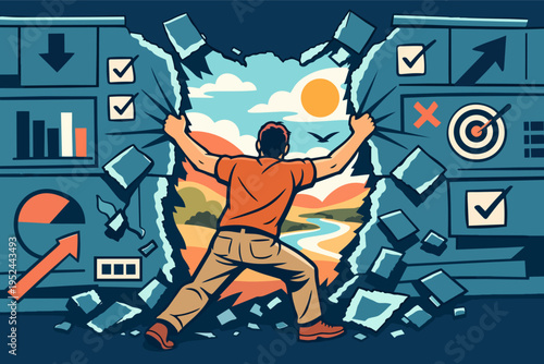 Man breaking through wall of limitations, finding freedom, looking towards a new opportunity and future