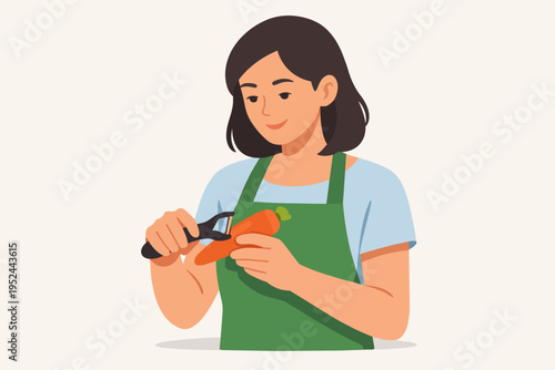 Woman peeling a carrot with a peeler in the kitchen, preparing fresh organic vegetables for healthy cooking