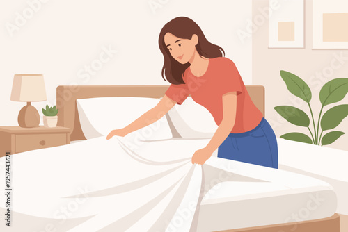 Young woman making bed, tidying bedroom, performing morning routine and housework chores for home lifestyle