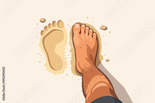Human foot making a fresh mark in the sand, symbolizing travel, steps, progress, and adventure on a walk