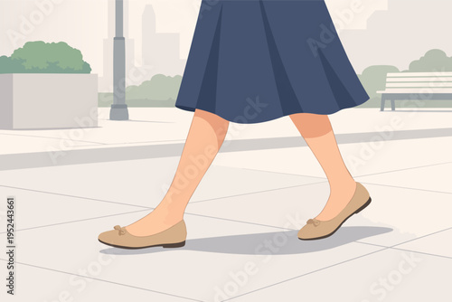 Woman walking on a city sidewalk, showing legs and beige ballet flat shoes, commuting or enjoying movement in urban park