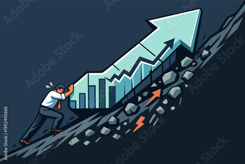 Businessman pushing challenging a growing chart uphill, striving for success and financial progress