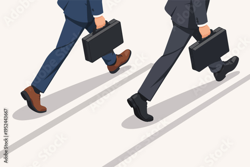 Businessmen legs competing in a corporate race, running with briefcases representing career ambition and success progress
