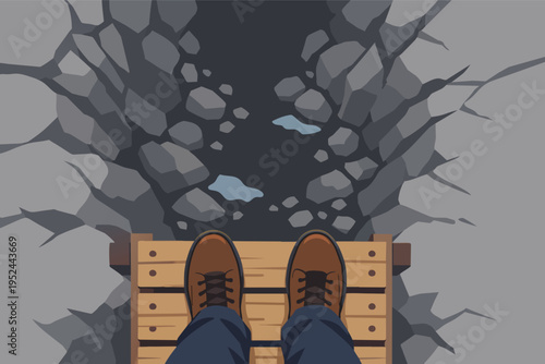 Person standing on a wooden plank bridge looking down a dark abyss, illustrating risk, challenge, and fear of the unknown