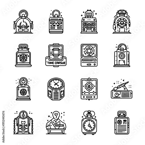 A captivating array of innovative time machines designs in a minimalist, schematic style, presented in a clean and organized grid format.