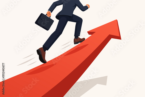 Businessman running up rising red arrow showing career growth, business progress, and success development
